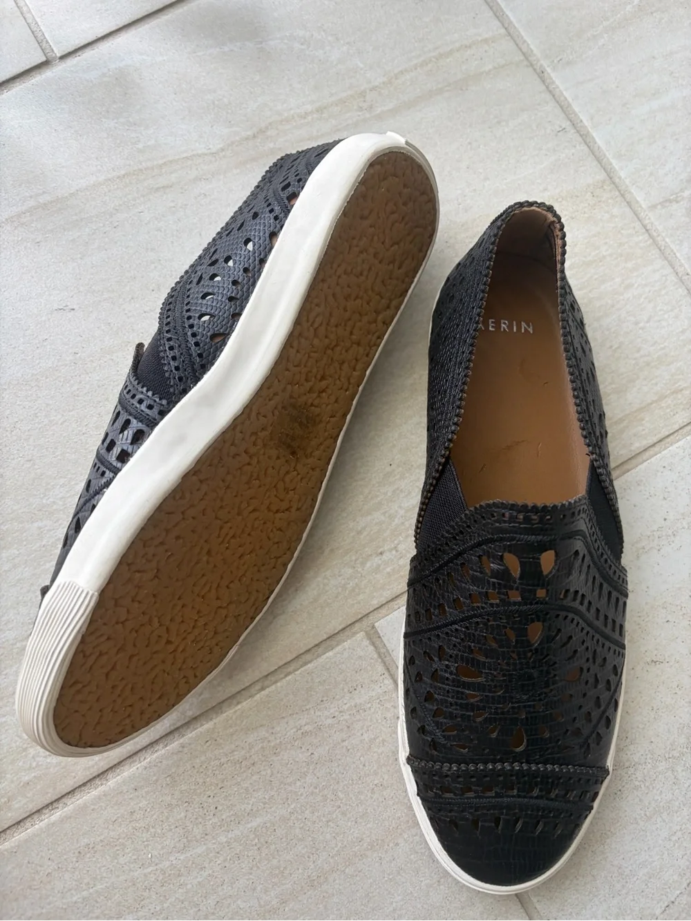 Aerin Black Laser-Cut Slip-On Sneakers with White Sole